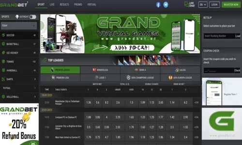Grandbet Ethiopia mobile app showing football betting markets and Aviator game
